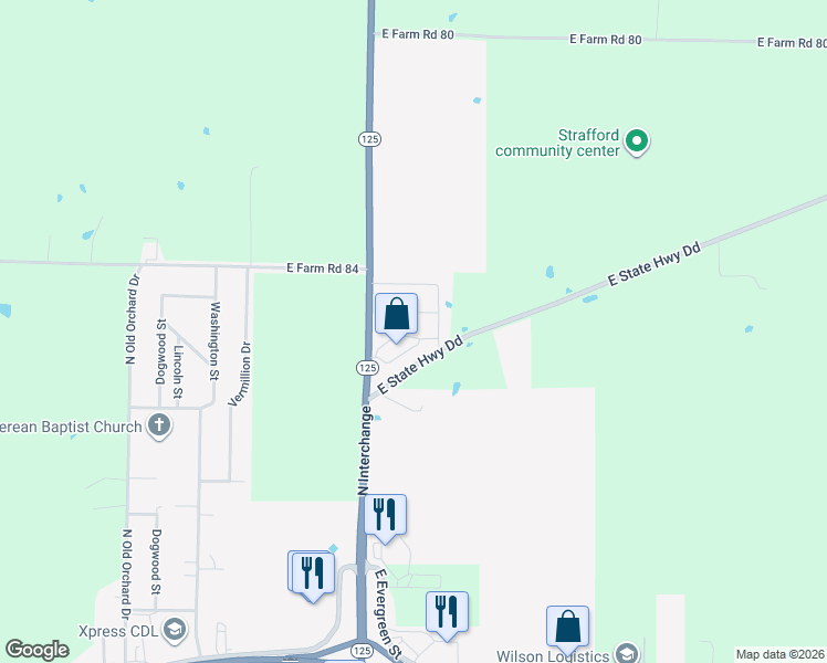 map of restaurants, bars, coffee shops, grocery stores, and more near 384 East State Highway Dd in Strafford