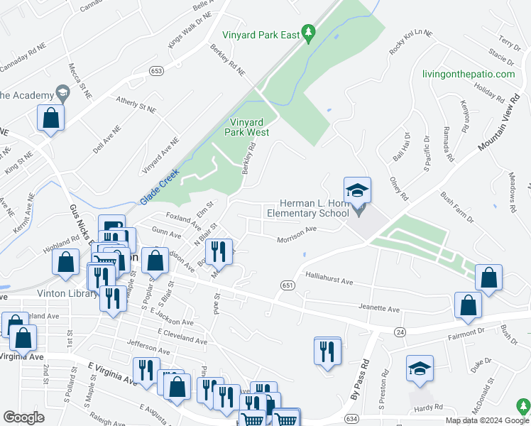 map of restaurants, bars, coffee shops, grocery stores, and more near 610 Davidson Street in Vinton