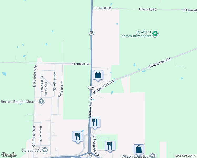map of restaurants, bars, coffee shops, grocery stores, and more near 700-886 State Highway 125 in Strafford