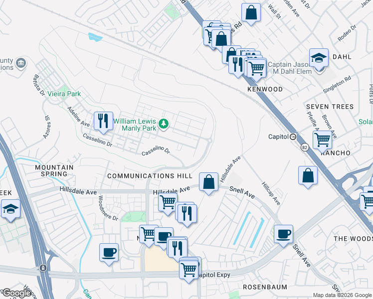 map of restaurants, bars, coffee shops, grocery stores, and more near 3089 Valley of Hearts Delight Place in San Jose