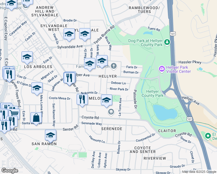 map of restaurants, bars, coffee shops, grocery stores, and more near 691 Nokomis Drive in San Jose