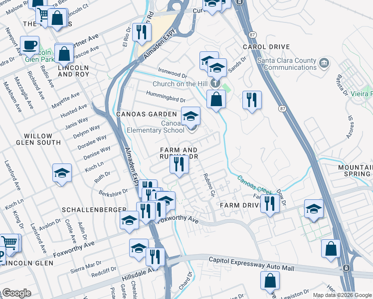 map of restaurants, bars, coffee shops, grocery stores, and more near 2883 Rubino Circle in San Jose