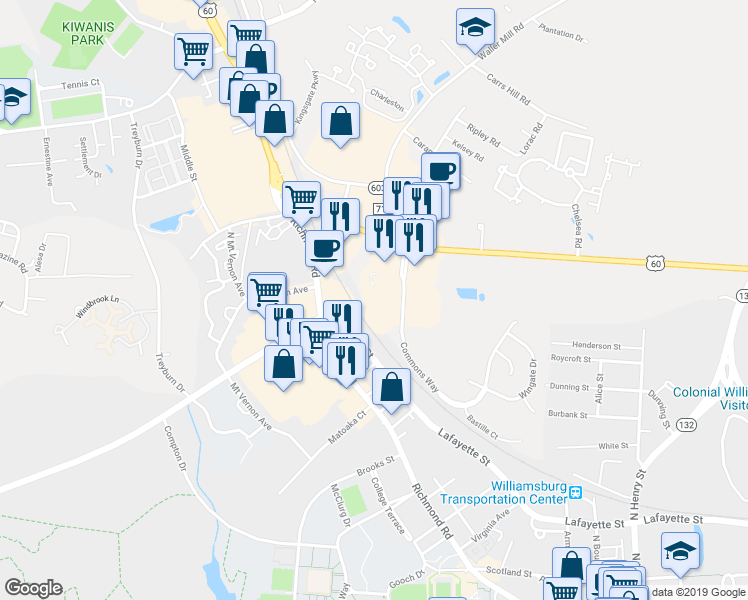 map of restaurants, bars, coffee shops, grocery stores, and more near 236 Commons Way in Williamsburg