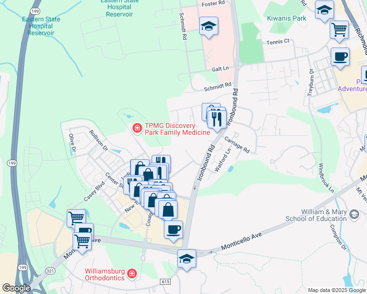 map of restaurants, bars, coffee shops, grocery stores, and more near 606 Glynn Springs Drive in Williamsburg