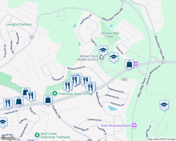 map of restaurants, bars, coffee shops, grocery stores, and more near 244 Spring Grove Drive in Vinton