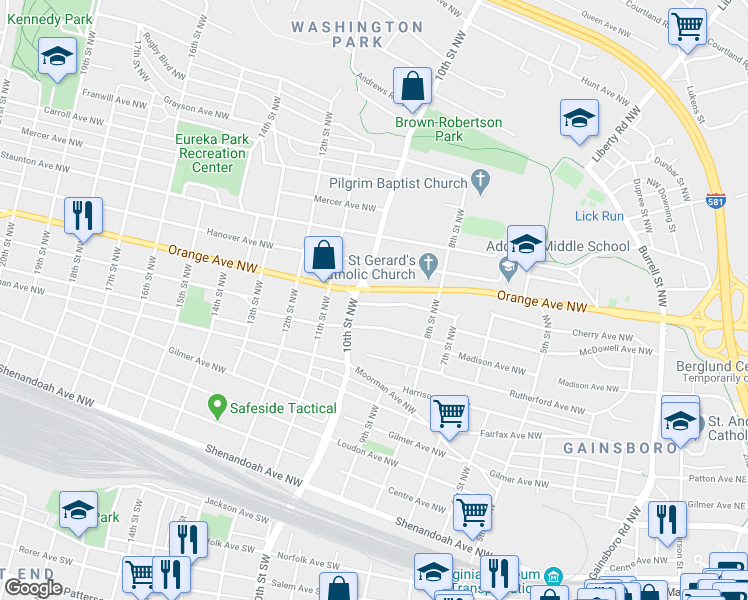 map of restaurants, bars, coffee shops, grocery stores, and more near 839 Madison Avenue Northwest in Roanoke
