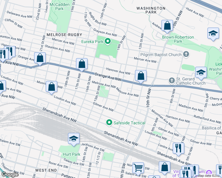 map of restaurants, bars, coffee shops, grocery stores, and more near 601 14th Street Northwest in Roanoke