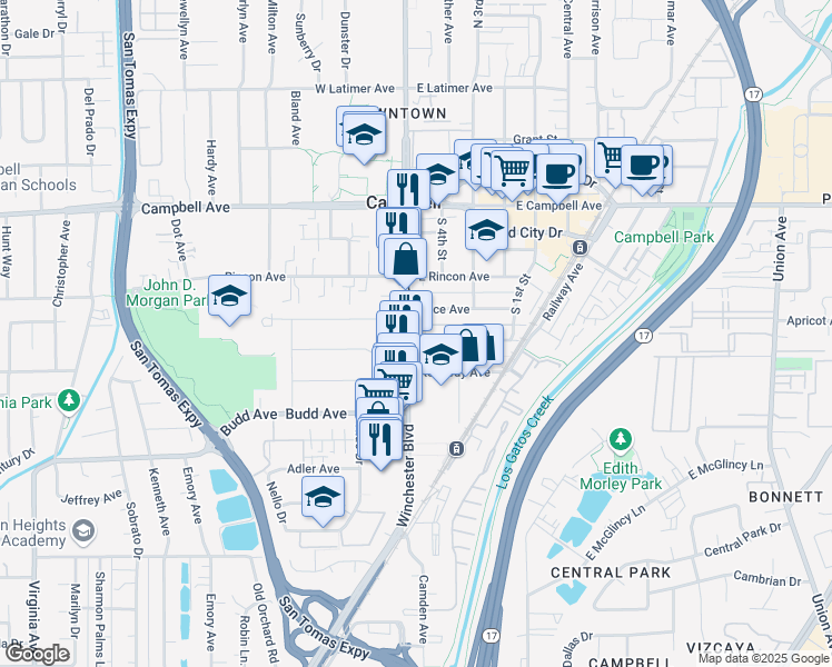 map of restaurants, bars, coffee shops, grocery stores, and more near 2220 Winchester Boulevard in Campbell