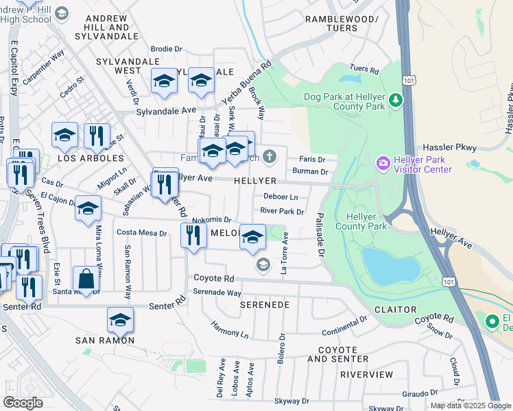 map of restaurants, bars, coffee shops, grocery stores, and more near 691 Nokomis Drive in San Jose
