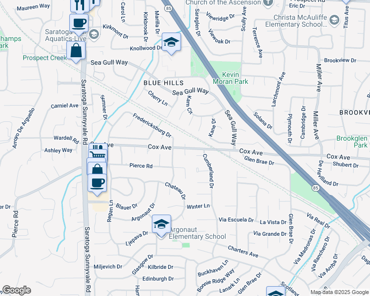 map of restaurants, bars, coffee shops, grocery stores, and more near Cox Avenue & Glen Arbor Court in Saratoga