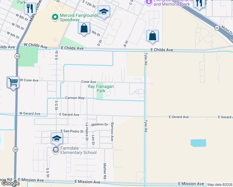map of restaurants, bars, coffee shops, grocery stores, and more near 350 South Bermuda Street in Merced