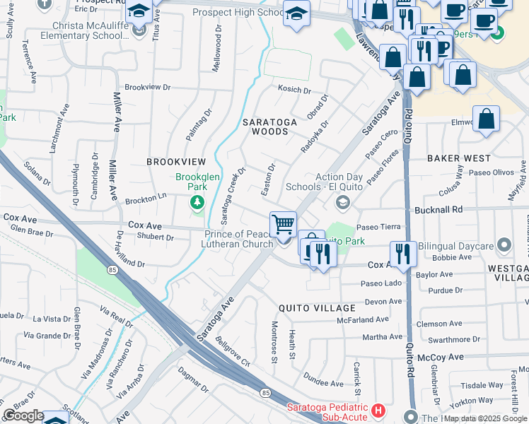 map of restaurants, bars, coffee shops, grocery stores, and more near 18999 Saratoga Glen Place in Saratoga