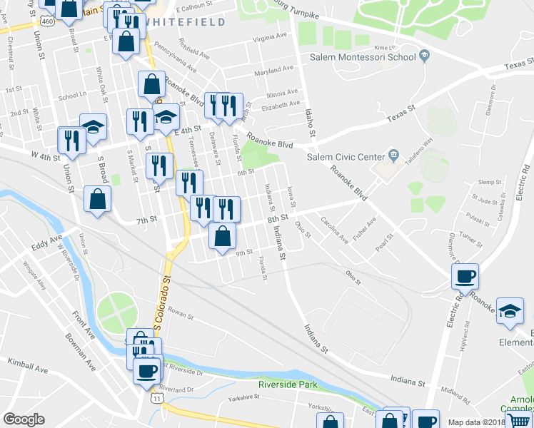 map of restaurants, bars, coffee shops, grocery stores, and more near 925 Indiana Street in Salem