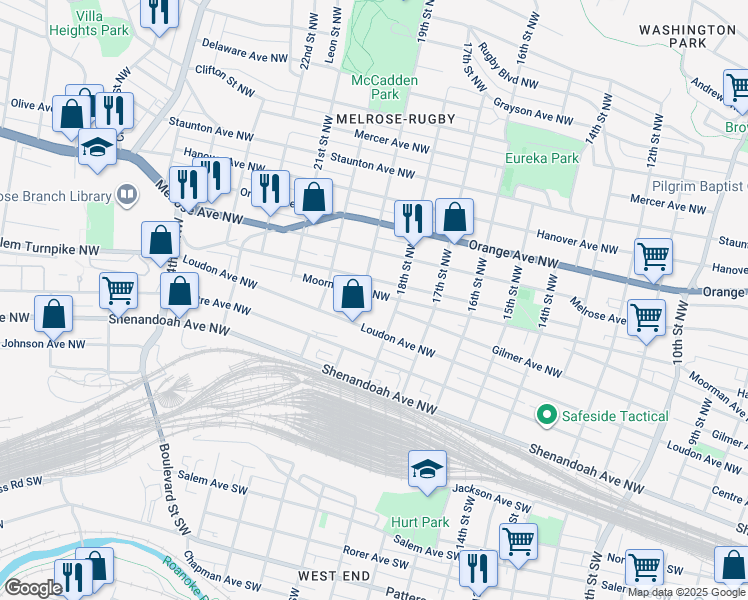 map of restaurants, bars, coffee shops, grocery stores, and more near 1824 Moorman Avenue Northwest in Roanoke