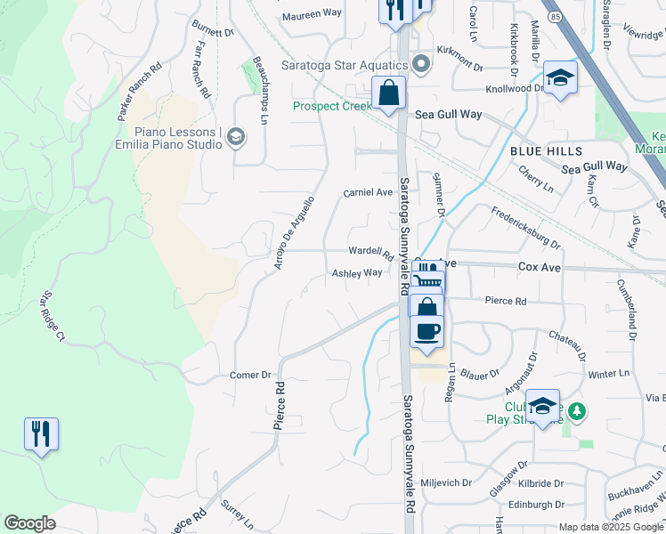 map of restaurants, bars, coffee shops, grocery stores, and more near 12782 Carniel Avenue in Saratoga