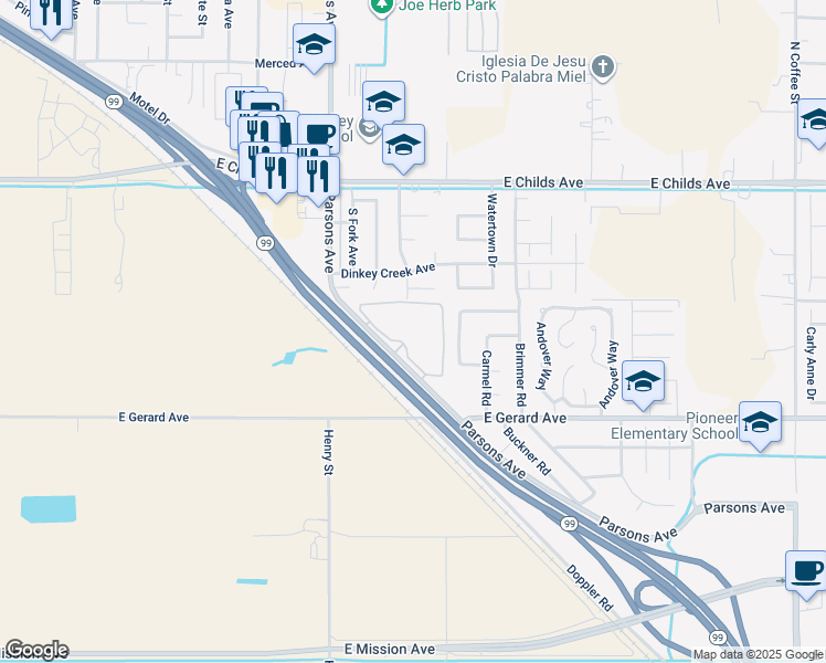 map of restaurants, bars, coffee shops, grocery stores, and more near 340 South Parsons Avenue in Merced