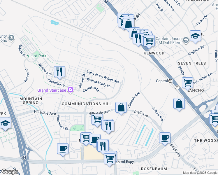 map of restaurants, bars, coffee shops, grocery stores, and more near 3052 San Jose Vineyard Court in San Jose