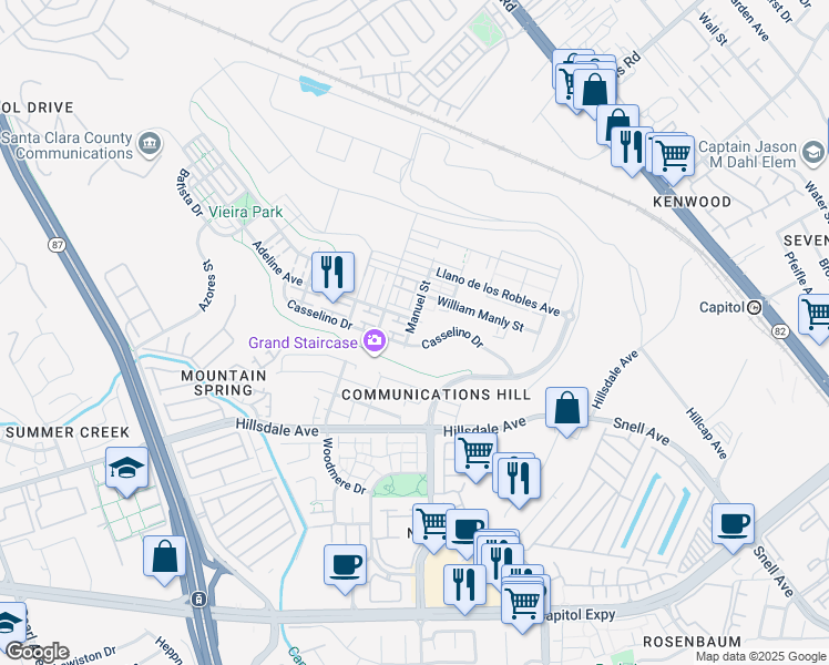 map of restaurants, bars, coffee shops, grocery stores, and more near 304 Casselino Drive in San Jose