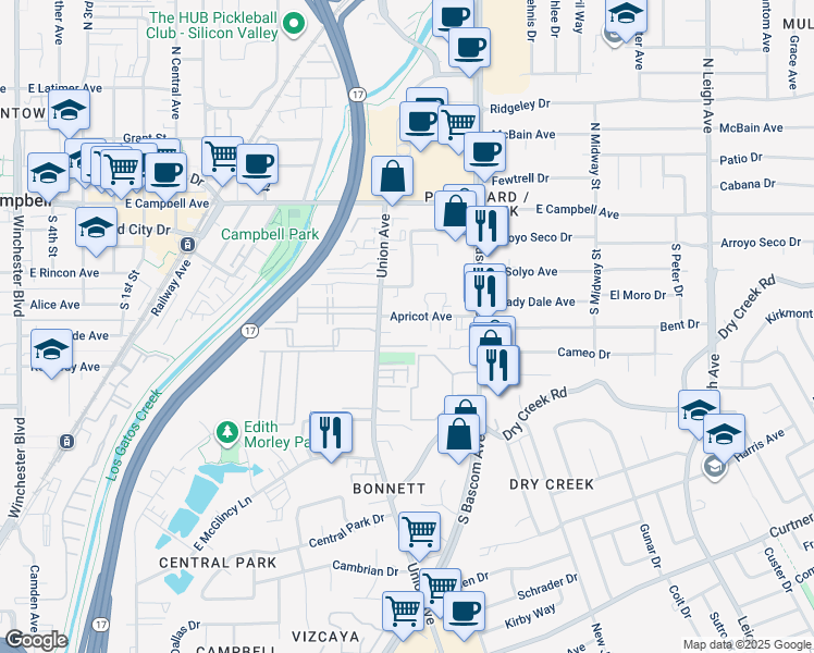 map of restaurants, bars, coffee shops, grocery stores, and more near 300 Union Avenue in Campbell