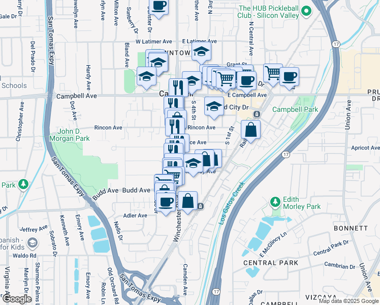 map of restaurants, bars, coffee shops, grocery stores, and more near 72 Sunnyside Avenue in Campbell