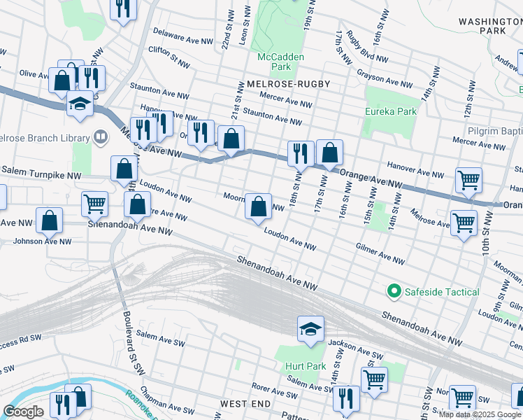 map of restaurants, bars, coffee shops, grocery stores, and more near 1811 Loudon Avenue Northwest in Roanoke