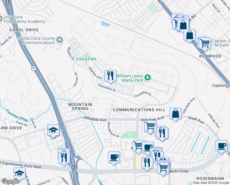 map of restaurants, bars, coffee shops, grocery stores, and more near 386 Casselino Drive in San Jose