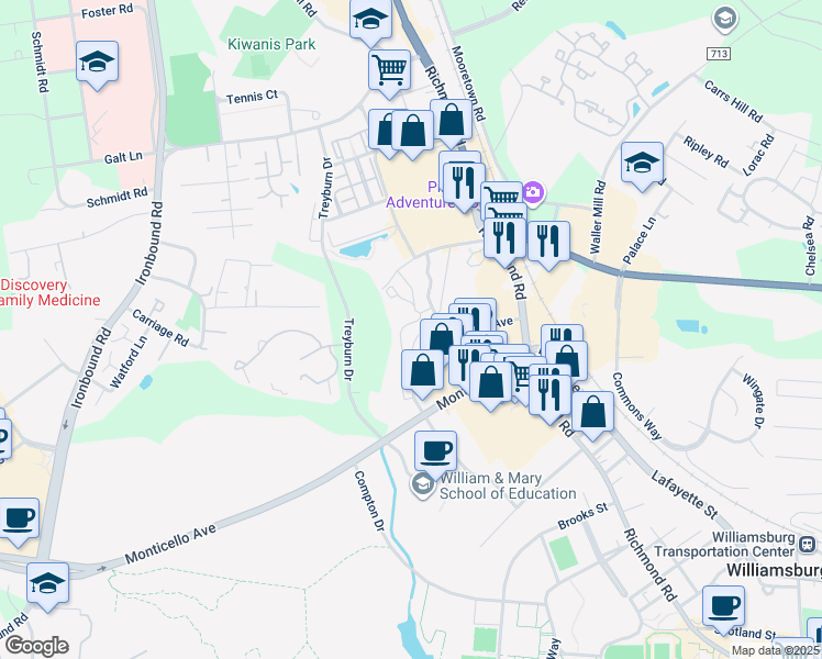 map of restaurants, bars, coffee shops, grocery stores, and more near 1344 South Mount Vernon Avenue in Williamsburg