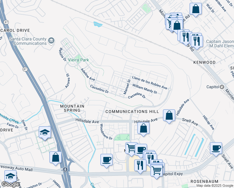 map of restaurants, bars, coffee shops, grocery stores, and more near 341 Casselino Drive in San Jose
