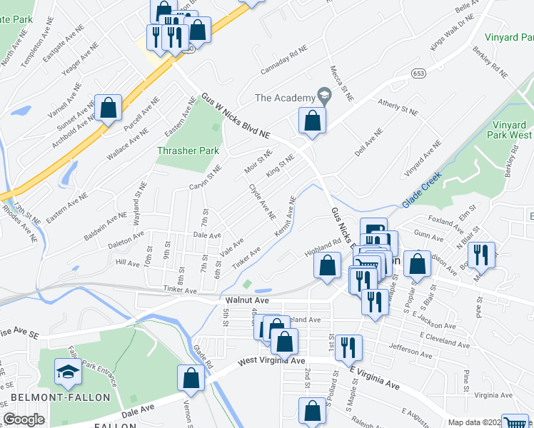 map of restaurants, bars, coffee shops, grocery stores, and more near 2254 Vale Avenue in Roanoke