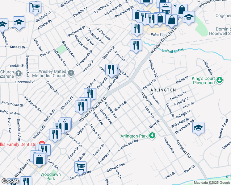 map of restaurants, bars, coffee shops, grocery stores, and more near 2710 Winston Churchill Drive in Hopewell