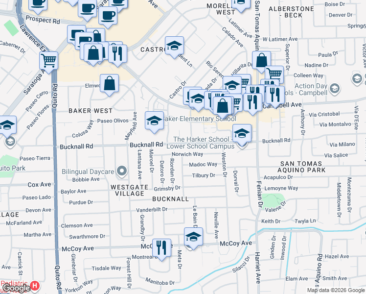 map of restaurants, bars, coffee shops, grocery stores, and more near 4592 Norwich Way in San Jose