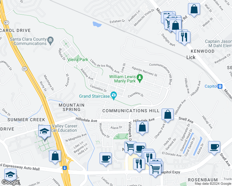map of restaurants, bars, coffee shops, grocery stores, and more near 341 Casselino Drive in San Jose