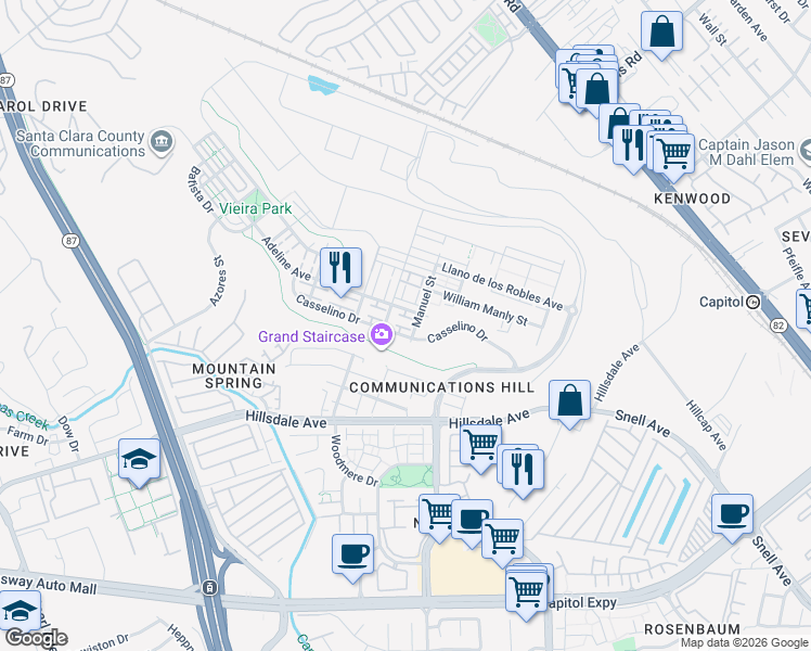 map of restaurants, bars, coffee shops, grocery stores, and more near 3078 Lina Loop in San Jose