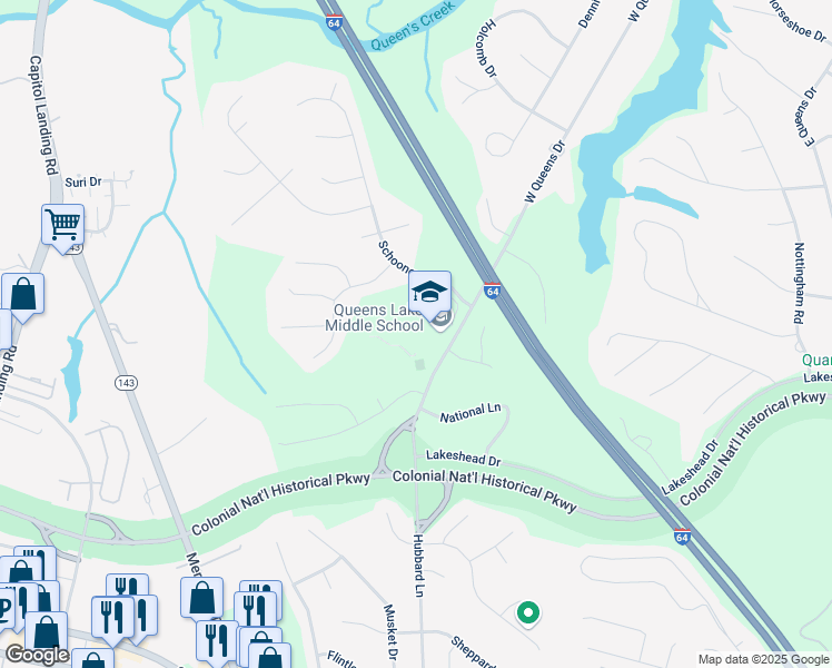 map of restaurants, bars, coffee shops, grocery stores, and more near 124 West Queens Drive in Williamsburg