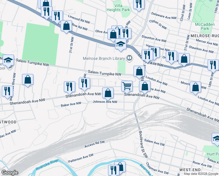 map of restaurants, bars, coffee shops, grocery stores, and more near 2550 Centre Avenue Northwest in Roanoke