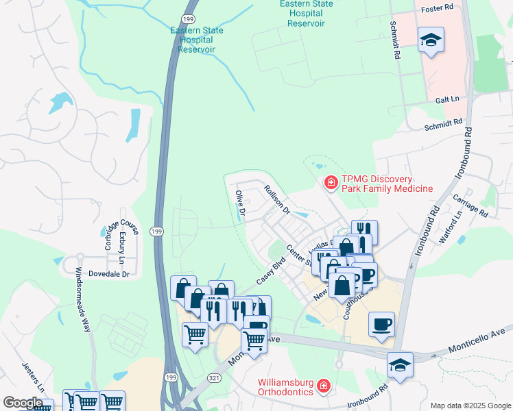 map of restaurants, bars, coffee shops, grocery stores, and more near 4899 Ercil Way in Williamsburg