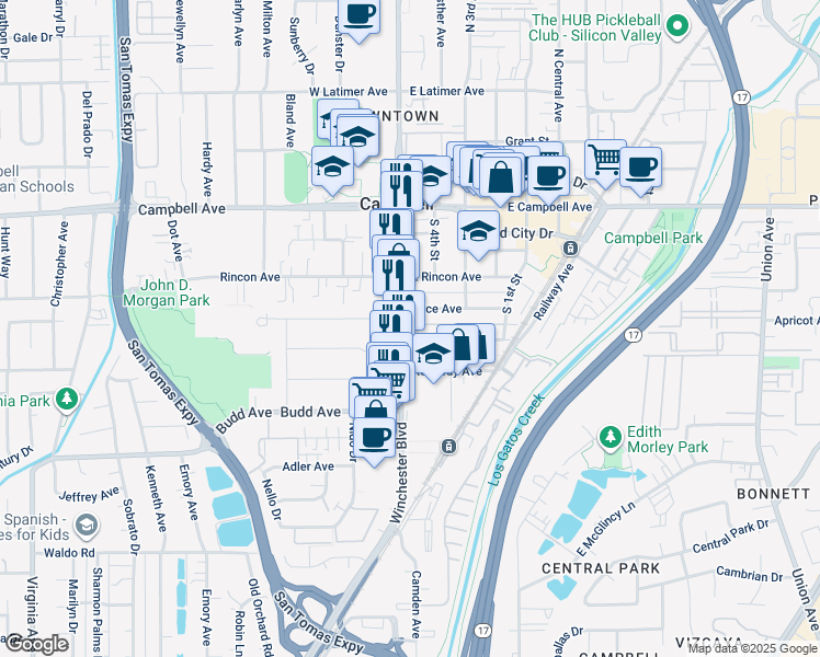 map of restaurants, bars, coffee shops, grocery stores, and more near 2169 South Winchester Boulevard in Campbell