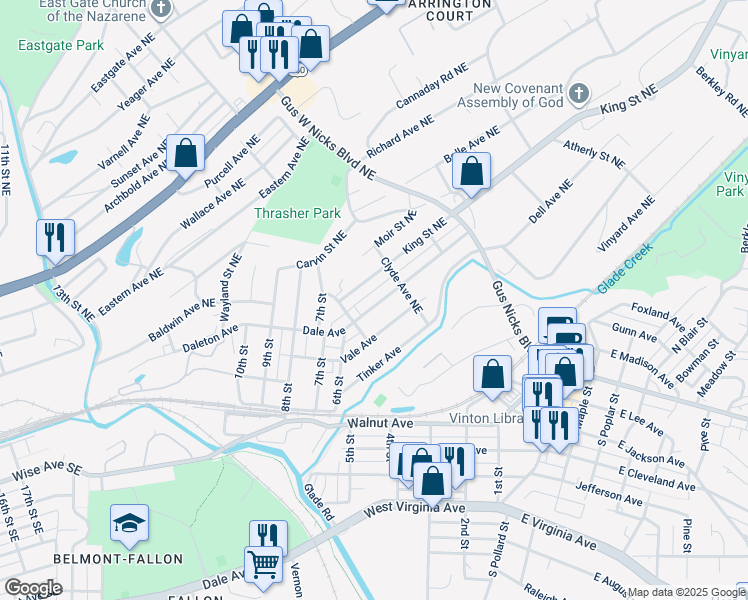 map of restaurants, bars, coffee shops, grocery stores, and more near 434 Dale Avenue in Vinton