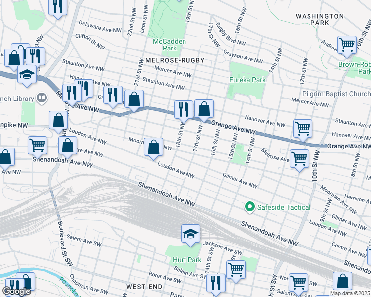 map of restaurants, bars, coffee shops, grocery stores, and more near 546-598 18th Street Northwest in Roanoke