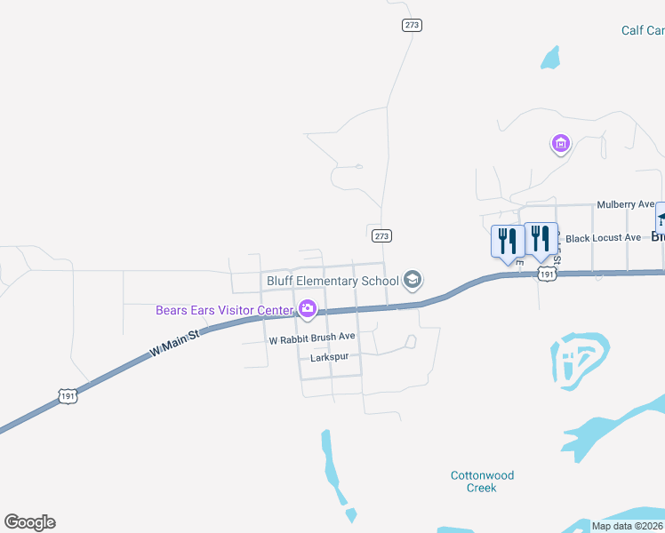 map of restaurants, bars, coffee shops, grocery stores, and more near 998 West Cottonwood Avenue in Bluff