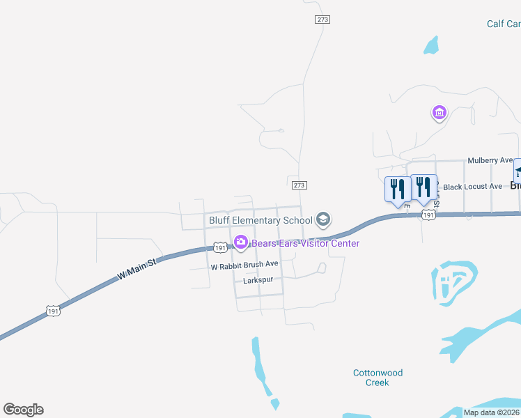map of restaurants, bars, coffee shops, grocery stores, and more near 525 West Cottonwood Avenue in Bluff