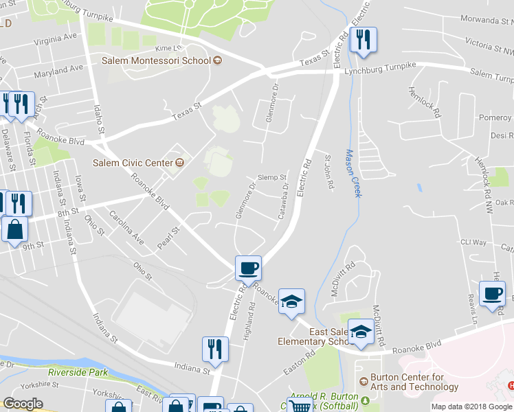 map of restaurants, bars, coffee shops, grocery stores, and more near 1317 Pulaski Street in Salem