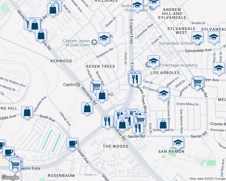 map of restaurants, bars, coffee shops, grocery stores, and more near 10170 Sylvandale Avenue in San Jose