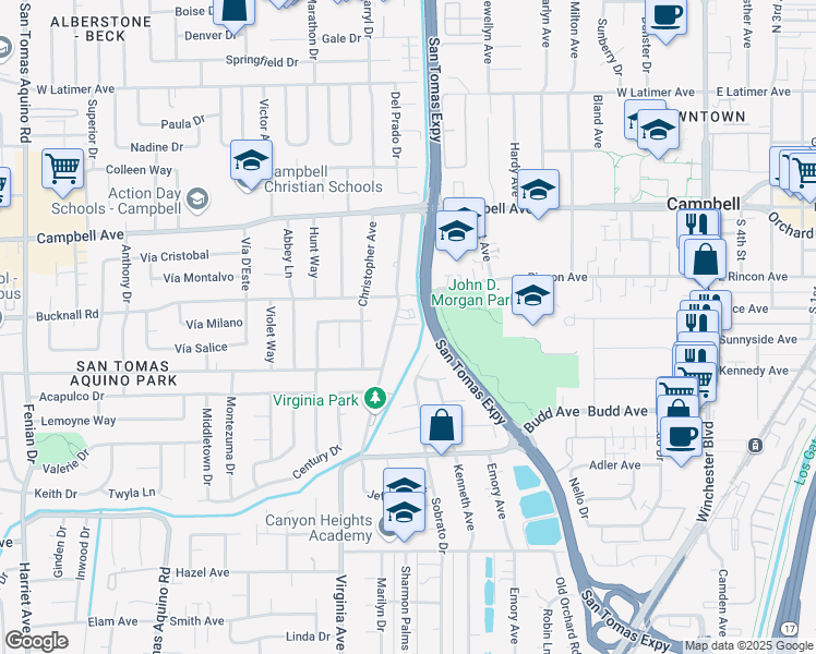 map of restaurants, bars, coffee shops, grocery stores, and more near 692 Bucknall Road in Campbell