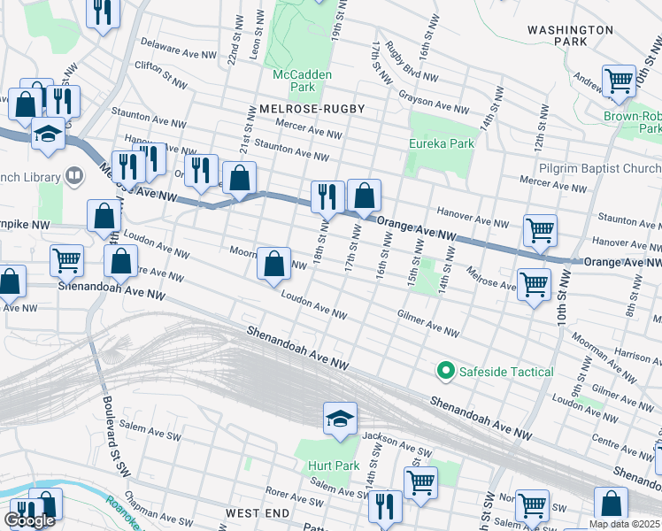map of restaurants, bars, coffee shops, grocery stores, and more near 546-598 18th Street Northwest in Roanoke