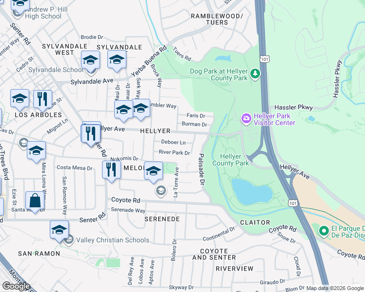 map of restaurants, bars, coffee shops, grocery stores, and more near 908 Hellyer Avenue in San Jose