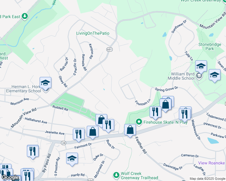 map of restaurants, bars, coffee shops, grocery stores, and more near 1740 Meadows Road in Vinton