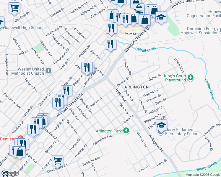 map of restaurants, bars, coffee shops, grocery stores, and more near 1113 Tabb Avenue in Hopewell