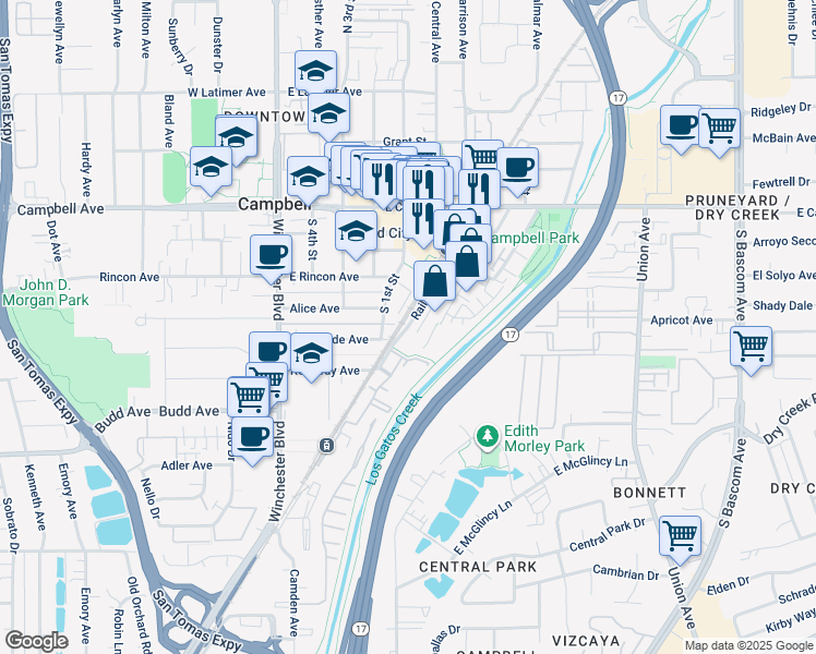 map of restaurants, bars, coffee shops, grocery stores, and more near 300 Railway Avenue in Campbell