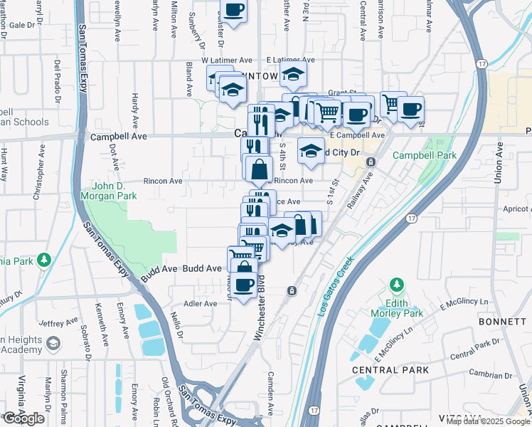 map of restaurants, bars, coffee shops, grocery stores, and more near 2210 South Winchester Boulevard in Campbell